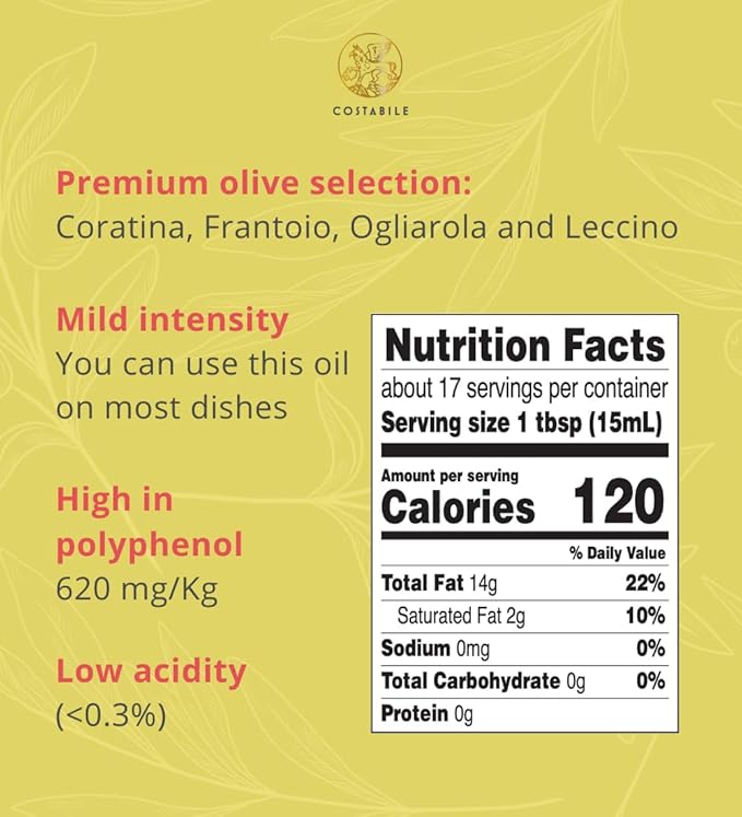 Lemon Olive Oil Extra Virgin from Italy. Organic lemon infused olive oil. Ideal for lemon olive oil dressing and lemon oil for cooking. Single-source - COSTABILE 8.45 Fl. Oz.