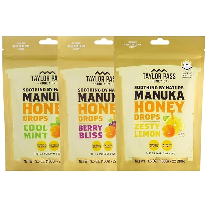Taylor Pass Mānuka Honey Drops Bundle UMF™ 10+ Cool Mint Zesty Lemon &amp Berry Bliss Lozenges | Natural Soothing On-The-Go | 3 Packs 22 Drops Each | Made in New Zealand