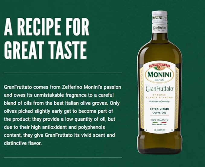 Monini Premium Extra Virgin Olive Oil | GranFruttato for Dressing and Garnishing | Cold Extracted Process Intense Flavor &amp Aroma | 33.8oz (1L)