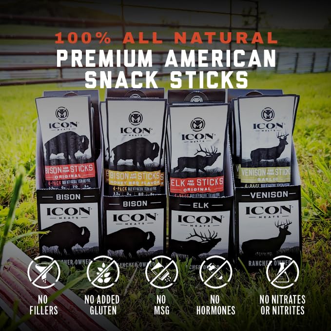 ICON Meats Snack Sticks Sampler 6 Pack High Protein Snacks Assorted Bison Elk Venison &amp Pork Jerky 4 Meat Sticks per Pack Gluten Free Low Sugar Made in the USA Gifts for Him