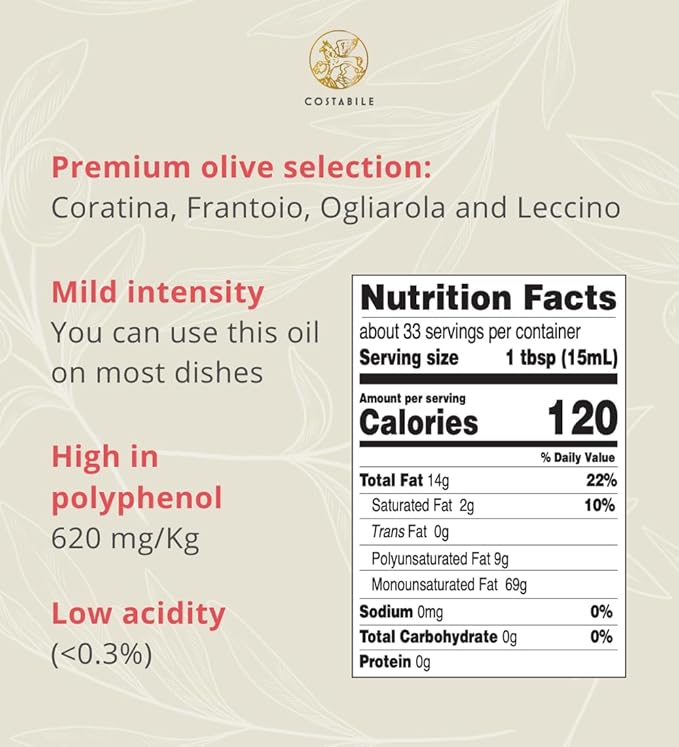 Extra Virgin Olive Oil Cold Pressed Organic. High polyphenol olive oil from Puglia Italy. Fresh harvest from a single estate - COSTABILE Classic Blend 8.45 Fl. Oz.