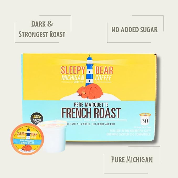 Sleepy Bear Coffee Pods Medium Roast Arabica Rich Flavor Michigan-Made Smooth &amp Sweet No Sugar Added 30ct Pods Compatible with Single-Serve Brewers (Pere Marquette French Roast)