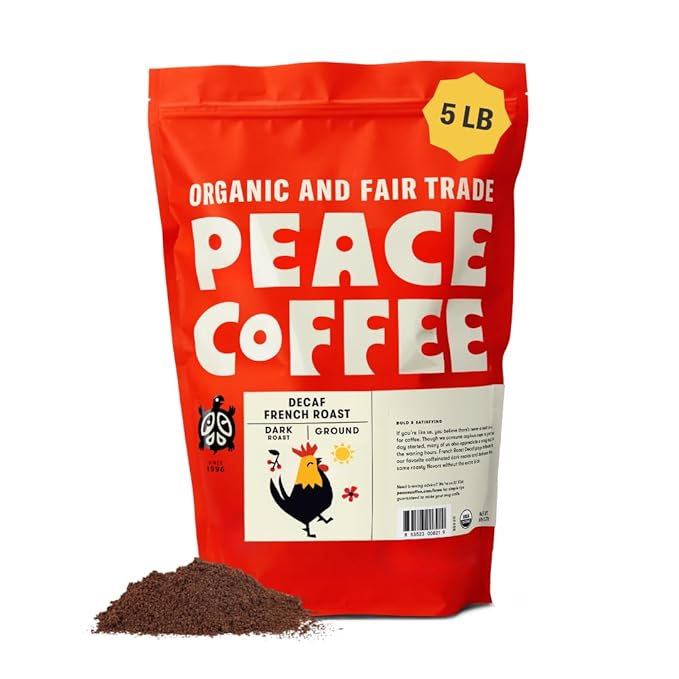 Peace Coffee Decaf French Roast Ground Dark Roast Coffee 5 lb Organic Fair Trade Nutty Bold Flavor Shade Grown Fresh Roasted