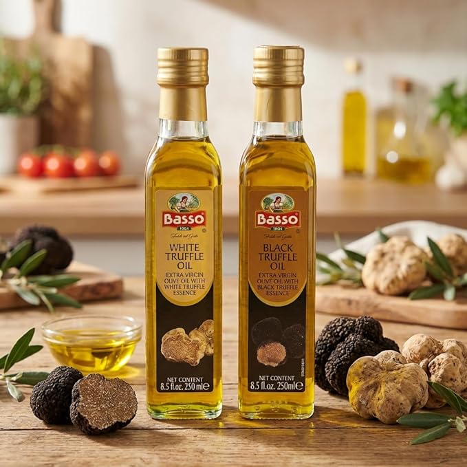 BASSO 1904 Black &amp White Truffle Oil Set – 2 Bottles x 8.5 fl oz (250ml) – High-Concentration Italian Extra Virgin Olive Oil with Real Black Winter &amp White Alba Truffles – Gourmet Finishing Oi