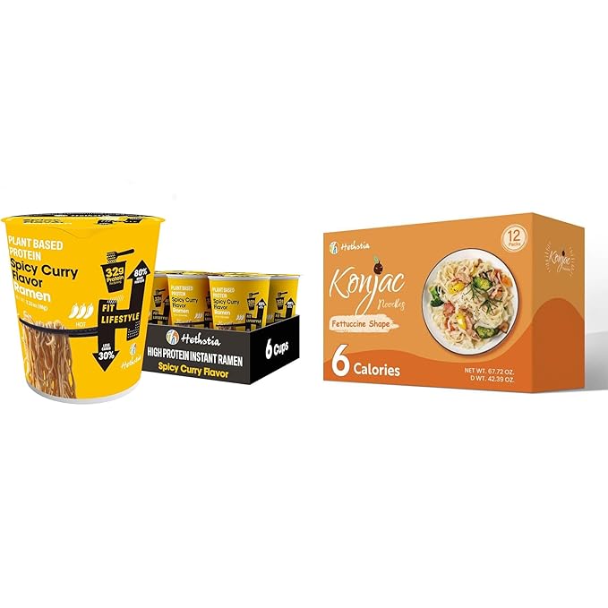 Hethstia Protein Ramen Spicy Curry &amp Konjac Shirataki Fettuccine Bundle 32g Plant-Based Protein Low Carb Vegan Pasta &amp Instant Noodle Meal Gluten-Free Low Calorie Ready to Eat