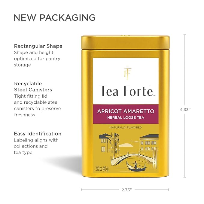 Tea Forte Apricot Amaretto Premium Loose Leaf Caffeine-Free Herbal Tea Blend Canister Makes 35-50 Cups