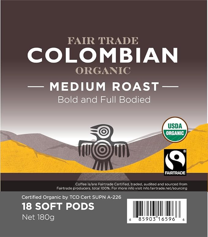 Wolfgang Puck Coffee Colombian Organic Fair Trade 9.5 Gram Soft Pod 18 Count (Pack of 6)