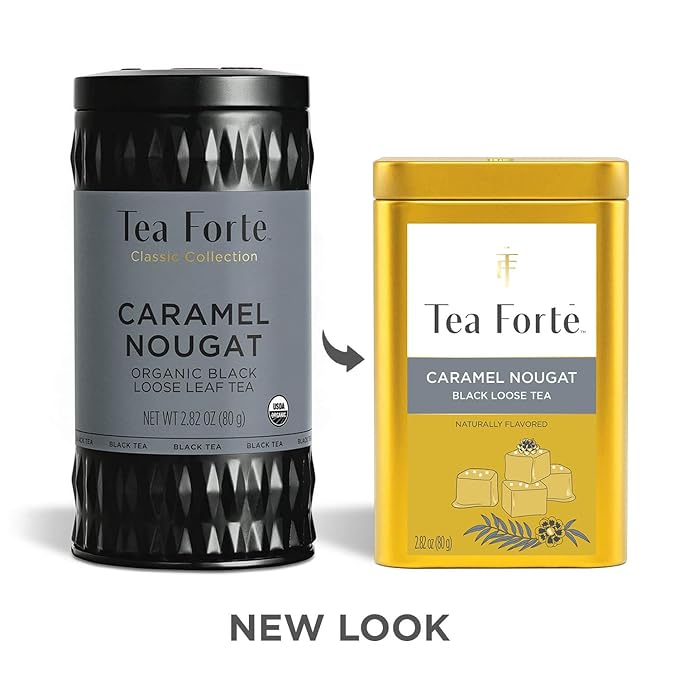 Tea Forte Caramel Nougat Premium Loose Leaf Caffeinated Black Tea Blend Canister Makes 35-50 Cups