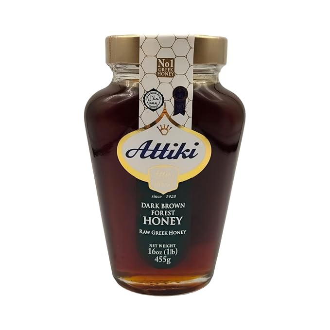 Attiki Dark Brown Greek Honey with Wild Flora and Thyme Perfect for Baking Cooking Lemonade and Tea 16 oz (453 grams) Glass Jar