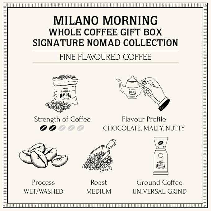 Bacha Coffee | Milano Morning Fine Flavoured Whole Beans Medium Roast 100% Arabica Specialty Coffee 250g Signature Nomad Collection Gift Box