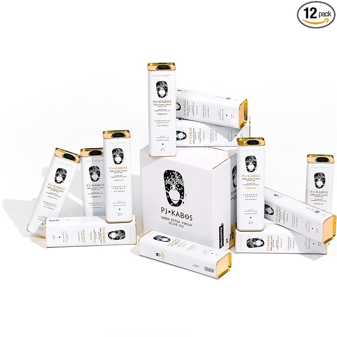 P.J. KABOS Fresh 2025/26 Harvest High Phenolic (400+mg/kg) Natural Greek Extra Virgin Olive Oil Kosher Greece Cold Extracted 16.9 oz Tin Koroneiki Family Reserve -Medium (12-Pack)