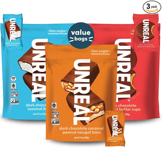 UNREALVariety Pack (3 Bag Sampler) | Less Sugar Fair Trade Non-GMO Ingredients with no Corn Syrup or Sugar Alcohols No Soy