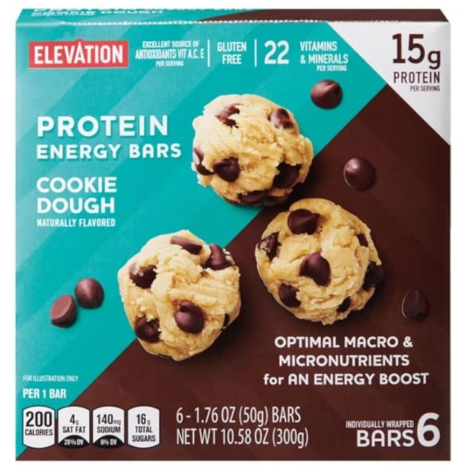 Elevation High Protein Snack Cookie Dough Protein Energy Bar Energy Boost with Micronutrients - 10.58 oz x 2 boxes