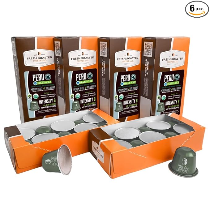 Fresh Roasted Coffee USDA Organic Peru WP Half-Caf Espresso Pods for Nespresso OriginalLine | 3rd Party Tested for Pesticides Mold Mycotoxins | Kosher | 60 Recyclable Aluminum Capsules