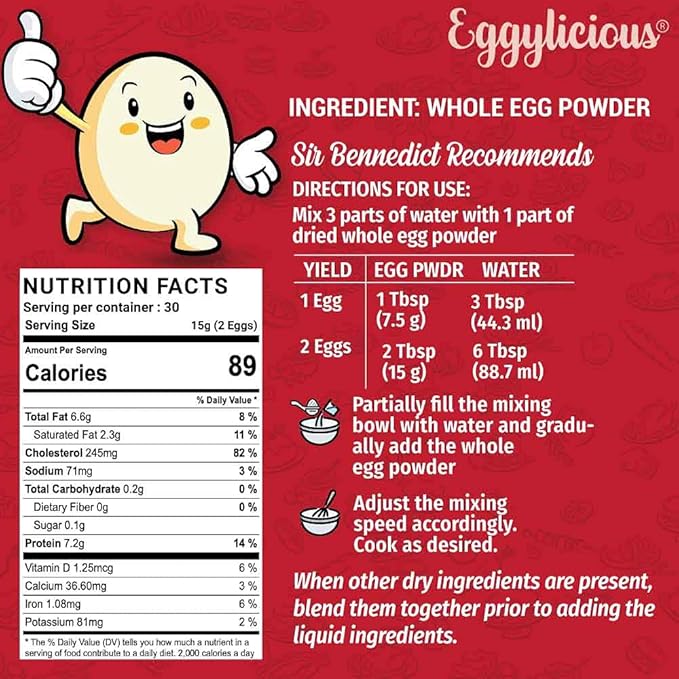 Eggylicious - Pack of 4 - Whole Egg Powder Dried Natural Protein Powder Made from Fresh Eggs White &amp Yolk Mixed Pasteurized Non-GMO No Additives Used for Baking Icing1lbs(16oz)