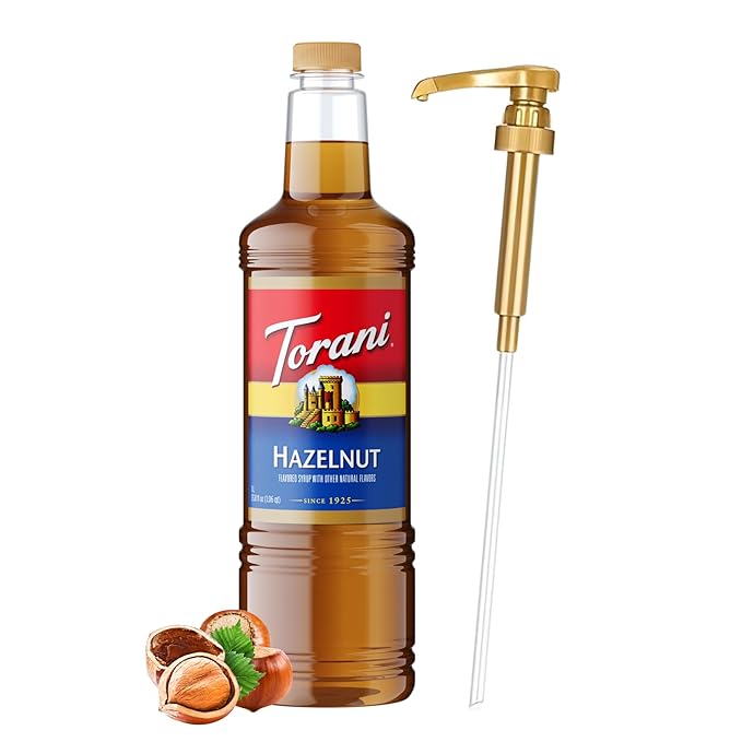 Torani Hazelnut Syrup 1 Liter Bottle with Pump – Premium Coffee Flavoring Made with Pure Cane Sugar &amp Natural Flavors for Lattes Cappuccinos Desserts Cocktails &amp More – Rich Nutty Sweetener
