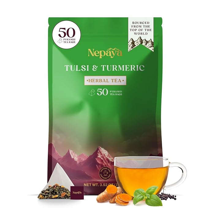 Nepaya Tulsi &amp Turmeric Herbal Tea Bag – 50 Pyramid Tea Bags Holy Basil with Cinnamon &amp Black Pepper Biodegradable Caffeine-Free Himalayan Blend