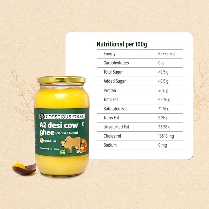 Conscious Food A2 Desi Cow Ghee - 33.814 Fl Oz (1L) Clarified Butter - 100% Pure and Premium Cultured Ghee Natural Grass Fed Indian Cow Non-GMO