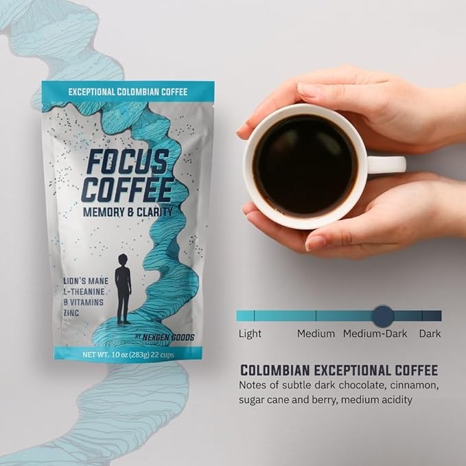 NexGen Goods Focus Coffee :Brain Boosting Nootropic Organic Mushroom Coffee with Lion’s Mane &amp Adaptogens – Premium Colombian Ground Coffee for Mental Clarity &amp All Day Energy Boost | 22 Servi