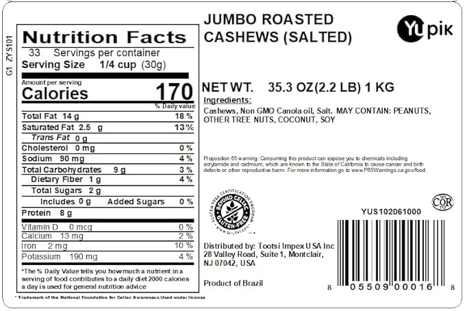 Yupik Roasted Salted Jumbo Cashews 2.2 lb (35.2 oz) Gluten-Free Kosher Vegan Large Crunchy Nuts Lightly Seasoned with Salt Source of Protein &amp Iron Savory Snacks