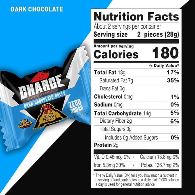 Charge Chocolate DARK CHOCOLATE 80 Count - 54mg Caffeine No Added Sugar Vegetarian - by Charge Caffeinated Chocolates