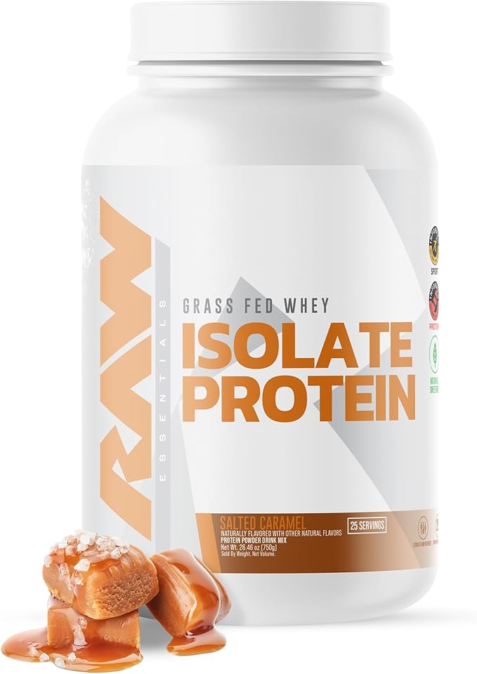RAW Whey Isolate Protein Powder Salted Caramel - 100% Grass-Fed Sports Nutrition Whey Protein Powder for Muscle Growth &amp Recovery - Low-Fat Low Carb Naturally Flavored &amp Sweetened - 25 Serv