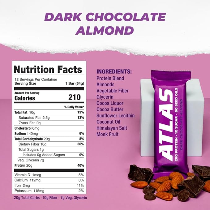 Atlas Real Food Protein Bar – 20g Clean Protein 1g Sugar No Seed Oils No Artificial Sweeteners (Variety 12 Count)