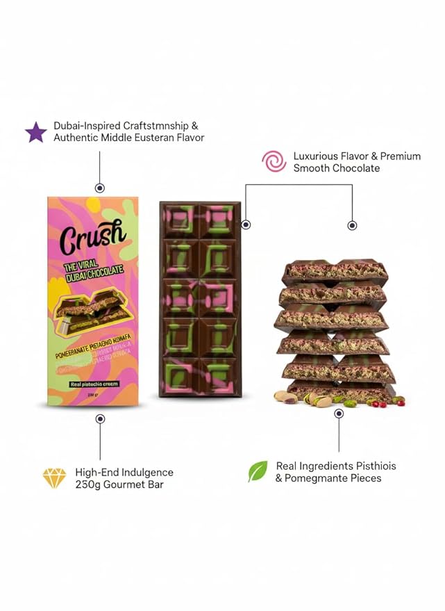 Crush Dubai Pistachio Pomegranate Chocolate Bar – 7 oz Luxury Gift Filled with Toasted Katafi Pomegranate Cream &amp Tahini Inspired by the Classic Knafeh Dessert
