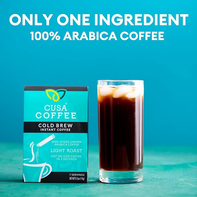 Cusa Tea &amp Coffee | Premium Instant Light Roast | Rainforest Alliance Certified Arabica Beans | Hot or Cold Brew Drink Mix Packets (7 Single Servings)