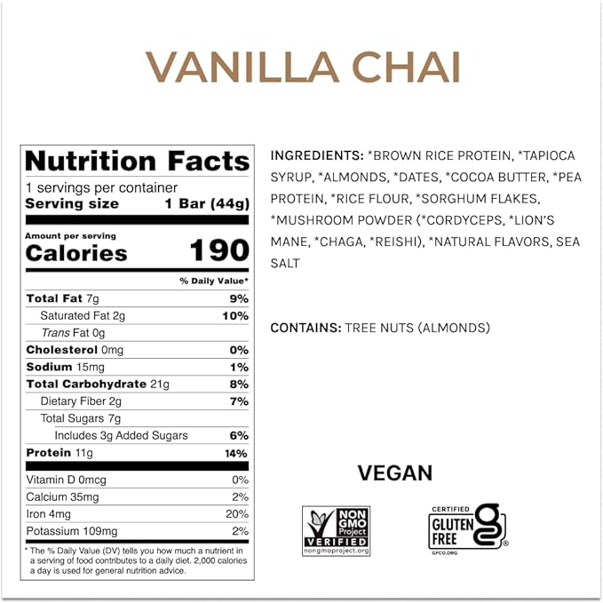 Functional Mushroom Vegan Protein Bars | Made in USA | Full Dose Lions Mane Shitake Reishi &amp Maitake Bars | Plant Protein Bars w/Adaptogens &amp Superfoods | Vanilla Chai Flavor