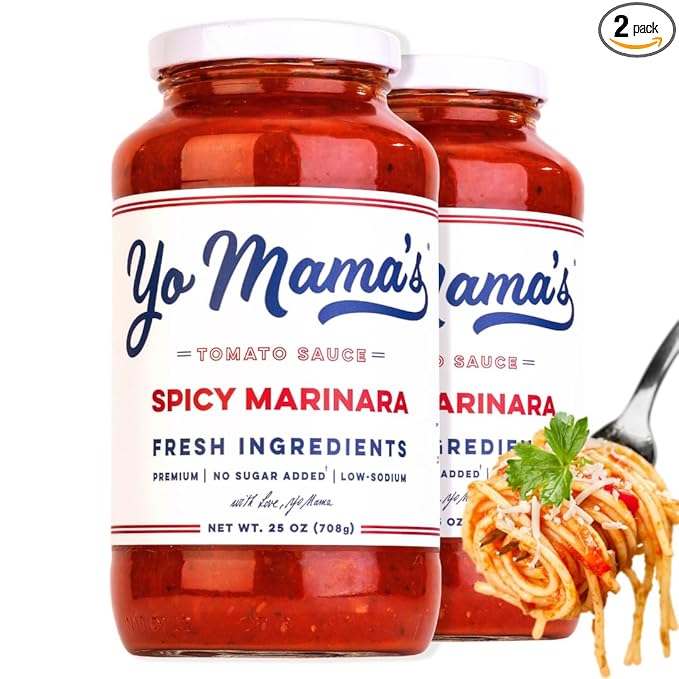 Yo Mama's Foods Keto SPICY Marinara Pasta Sauce - Pack of (2) - No Sugar Added Low Carb Low Sodium Gluten Free Paleo Friendly and Made with Whole Non-GMO Tomatoes.
