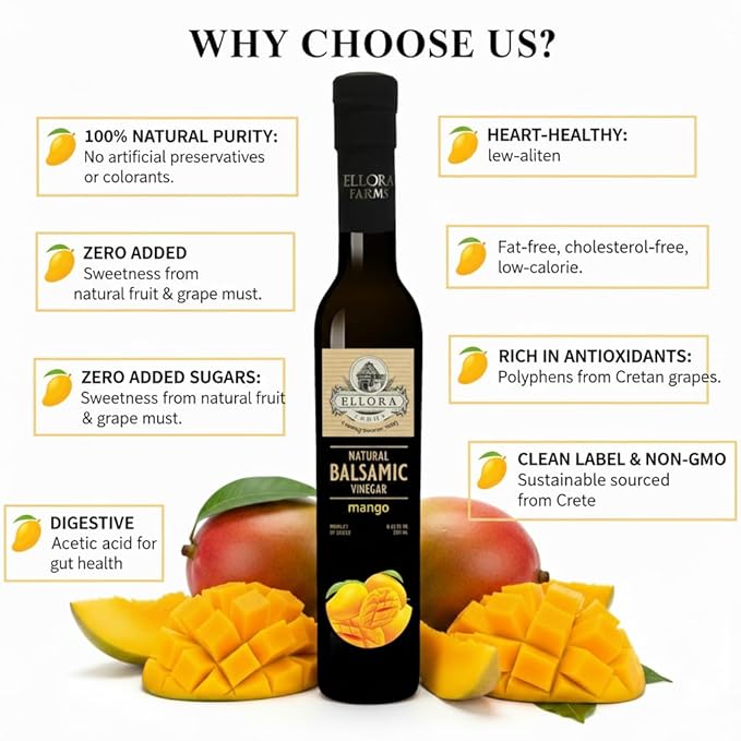 Ellora Farms Mango fruit Infused Greek Balsamic Vinegar thick and creamy no-added sugars no-preservatives 8.45 oz. bottle Pack of 1