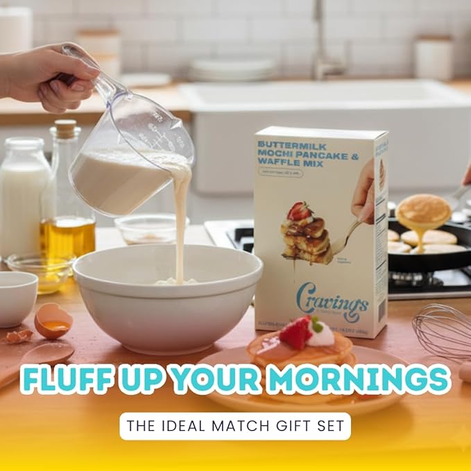 Butter Milk Pancake – 6x Buttermilk Mochi Pancake and Waffle Mix – 14.2OZ Bundle with 1 Cup Plastic Clear Measuring Cup – Rice Flour Blend with Buttermilk for Pancakes and Waffles – Gift Set (7 Items)