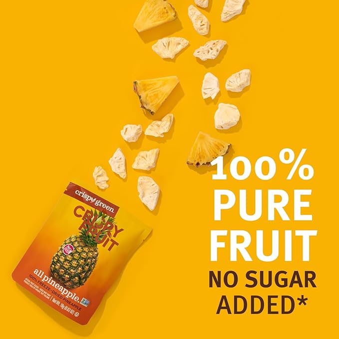 Crispy Green Freeze-Dried Pineapple Fruit Snacks 0.63 Oz (Pack of 12) 100% Pure Fruit All-Natural No Added Sugar Single-Serve Bags for Healthy Snacks &amp School Lunches