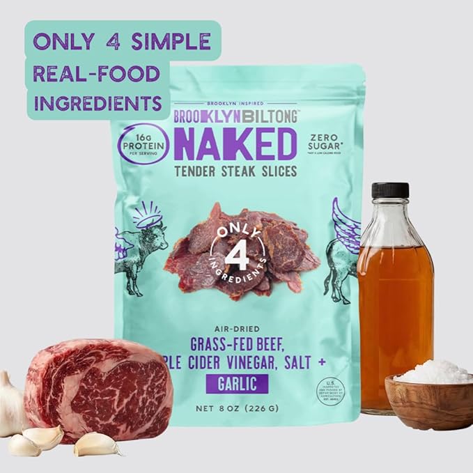 Brooklyn Biltong Air Dried Grass Fed Beef Snack South African Beef Jerky (8 oz Pack of 1) - Whole30 Approved Paleo Keto Gluten Free Sugar Free Made in USA - (Garlic)