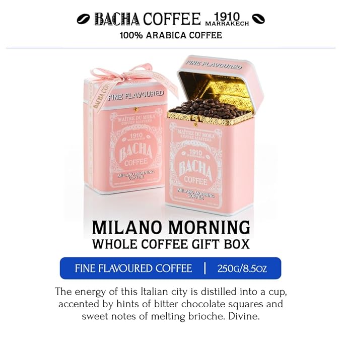 Bacha Coffee | Milano Morning Fine Flavoured Whole Beans Medium Roast 100% Arabica Specialty Coffee 250g Signature Nomad Collection Gift Box