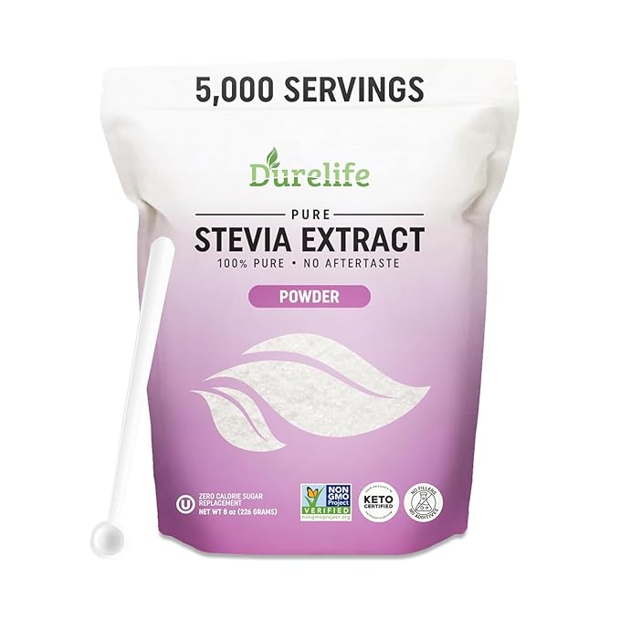 Durelife 100% Pure stevia extract sweetener 8 oz | No Erythritol NON-GMO Project Verified No Fillers Zero Calorie Sugar Substitute | No Aftertaste | Micro-Spoon Included | 8 oz