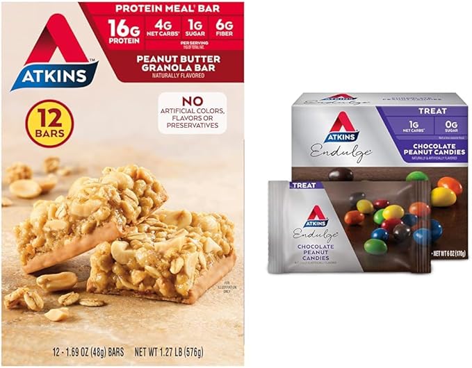 Atkins Peanut Butter Granola Protein Meal Bar High Fiber 16g Protein 1g Sugar 4g Net Carb &amp Endulge Chocolate Peanut Candies Dessert Favorite 0g Sugar 20 Counts