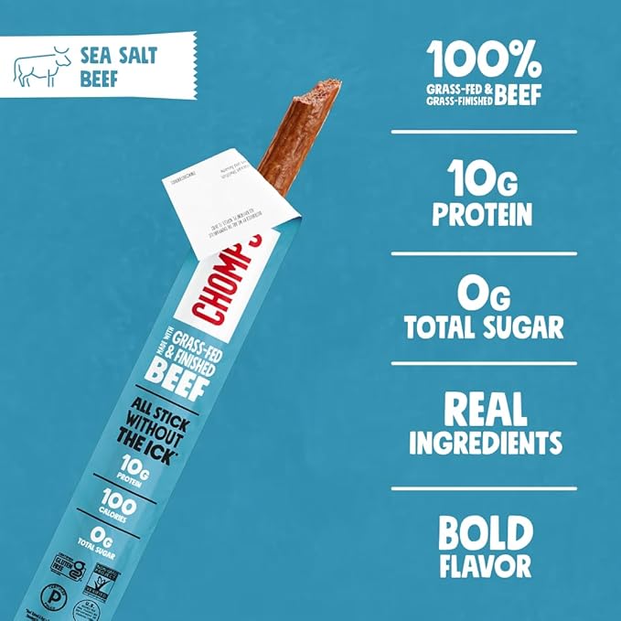 CHOMPS Grass Fed Sea Salt Beef Jerky Snack Sticks Keto Whole30 Paleo Gluten Free Sugar Free Low Carb AIP Diet Compliant 1.15 Oz Pack of 24