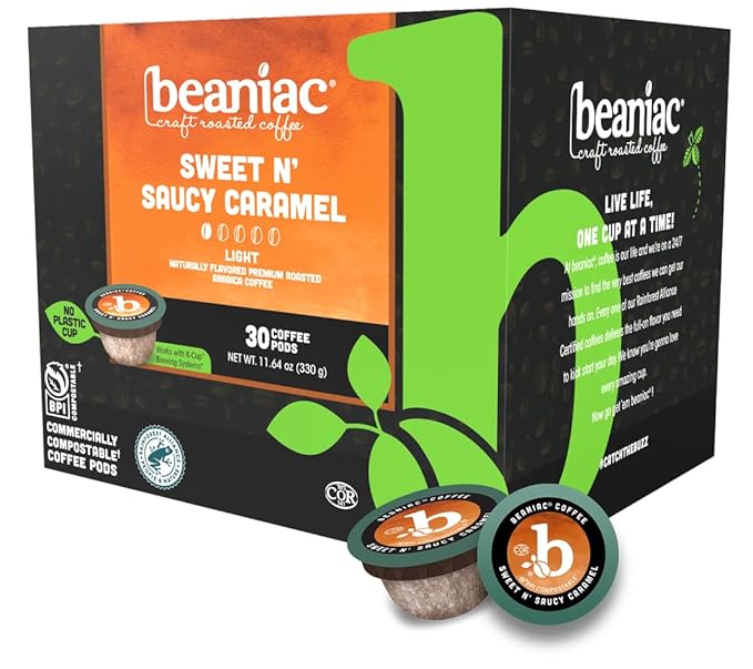 beaniac Sweet n' Saucy Caramel Flavored Light Roast Single Serve Compostable K Cup Coffee Pods Arabica Coffee with Natural Flavors Keurig Brewer Compatible 30 Count