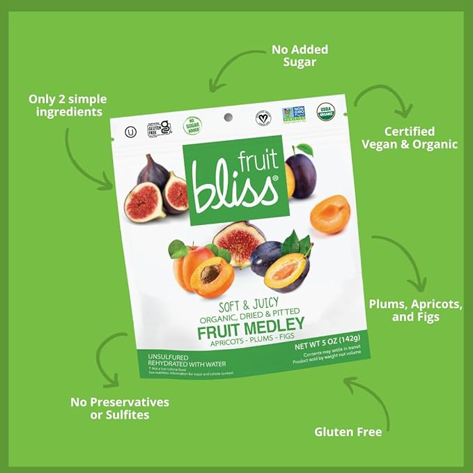 Fruit Bliss Dried Fruit Mix – Fruit Medley of Organic Dried &amp Pitted Apricots Plums &amp Figs - Organic Fruit Snacks Dried Fruit Snacks Resealable Pouches Gluten-Free Vegan Snacks (3 Pack 5o