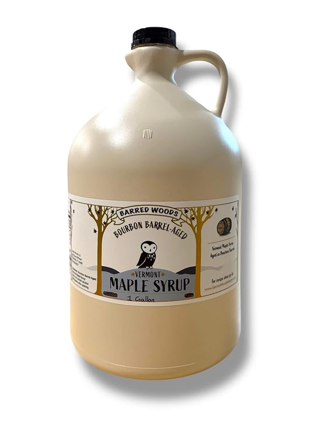 Bulk Bourbon Maple Syrup - Authentic &amp Real Vermont Maple Syrup - Maple Syrup Aged in Premium Bourbon Barrels - Barred Woods Maple (1 Gallon)