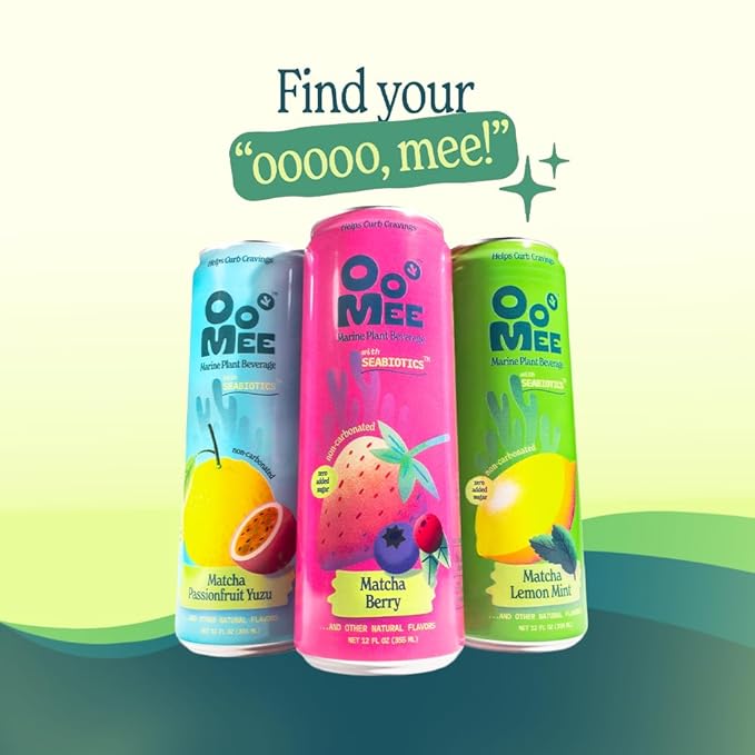OoMee Fruity Matcha Drink | Passionfruit &amp Yuzu | Fruit-Infused Plant-Based Vegan Beverage with Sustained Energy Natural Craving Support Low-Calorie Non-Carbonated Marine Plant Beverage – 12oz
