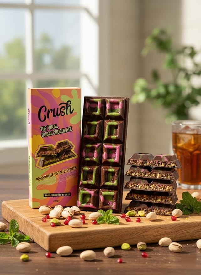Crush Dubai Pistachio Pomegranate Chocolate Bar – 7 oz Luxury Gift Filled with Toasted Katafi Pomegranate Cream &amp Tahini Inspired by the Classic Knafeh Dessert