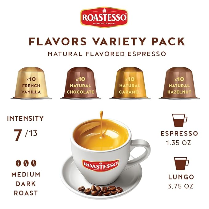 Roastesso Aluminum Espresso Capsules Flavors Variety Pack Natural Flavored Coffee Pods with French Vanilla Caramel Chocolate &amp Hazelnut Compatible with Nespresso Original Machines (40 Count)