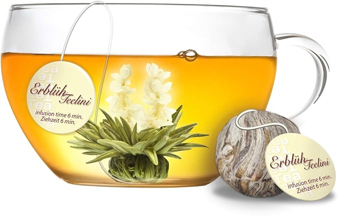 Creano Blooming Tea - Teelini Flowers in Cup Size - Gift Set in Wooden Box - 12 Pcs in 4 Varieties - White Tea