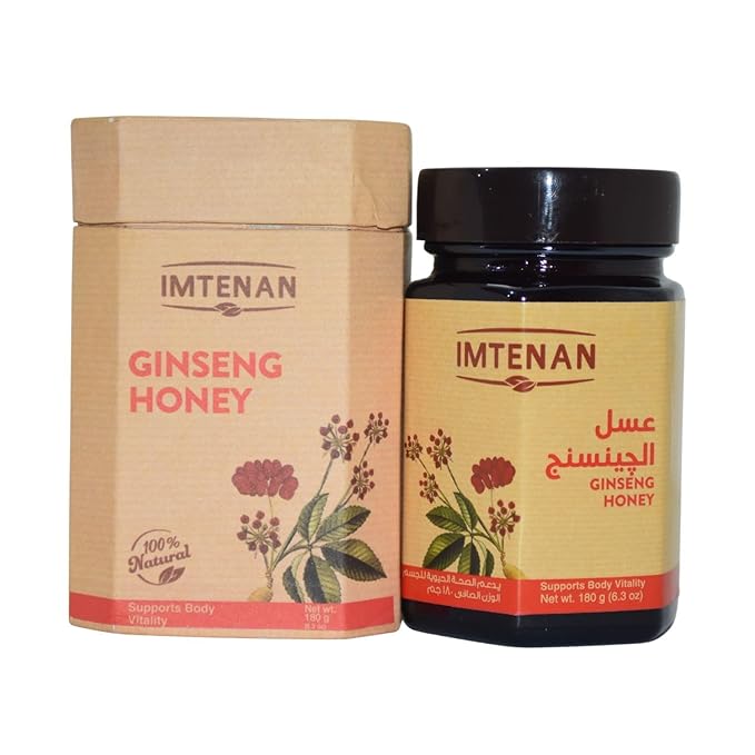 Imtenan Ginseng Honey Natural Egyptian Premium Strap Pure Syrup Sweet Taste Egypt Arab No Gmo Kosher Halal (1 Pack = 6.35 oz / 180 gm) إمتنان عسل الجينسنج حلال