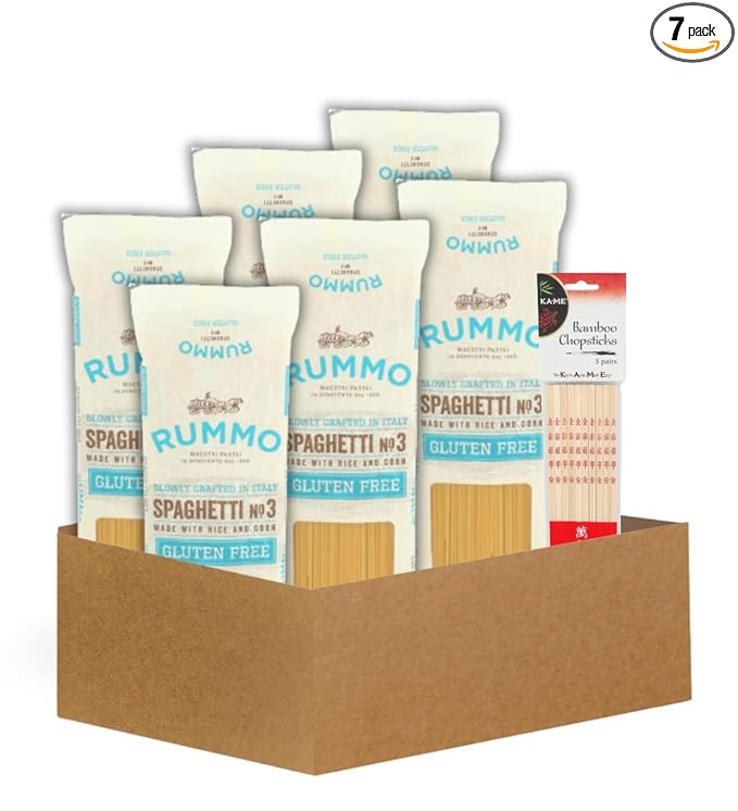 6x Rummo Pasta Spaghetti 12 OZ Bundle with Bamboo Chop Stck Pair – Slow-Dried Durum Wheat Spaghetti with Eco-Friendly Utensils for Cooking or Serving – Gift Set (7 Items)