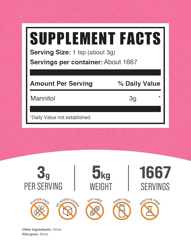 BulkSupplements.com Mannitol Powder - Mannitol Sweetener Sugar Substitute Mannitol Supplement Natural &amp Gluten Free 3g per Servings 5kg (1.1 lbs) (Pack of 5)