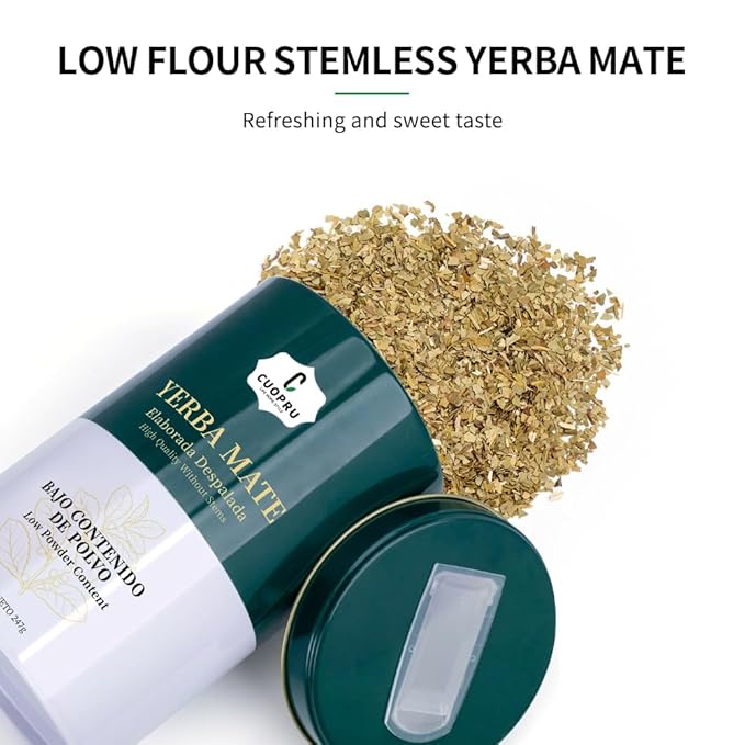 Yerba Mate CUOPRU Traditional Argentinian Mate Tea Low Tea Powder Original Leaves without Stems Included Portable Storage Container(Green Traditional)
